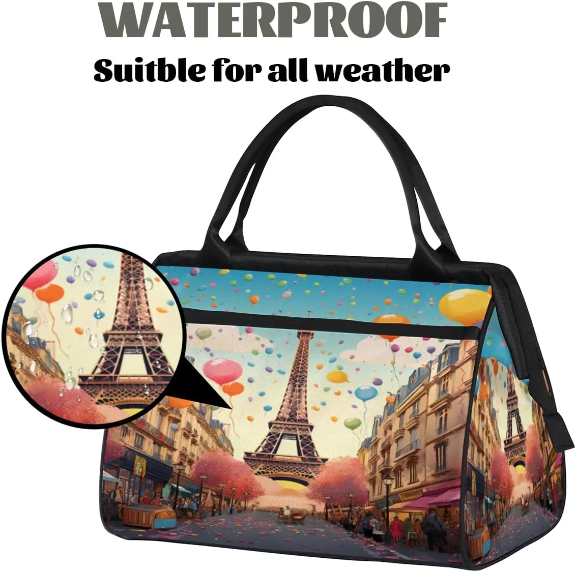 cfpolar Paris Stree Eiffel Tower Balloon Travel Duffel Bag, Waterproof Duffel Bag Weekender Overnight Carry On Bag Lightweight Sport Gym Bag for Men Women