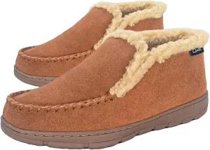 Clarks Men's Suede Leather Sherpa Lined Ankle Bootie Slippers, JMH1952- Indoor/Outdoor Slip-Ons - Comfy & Durable Ankle Boots with Plush Lining Padded Insole & Gripped Rubber Outsoles (9 M US, Cognac)