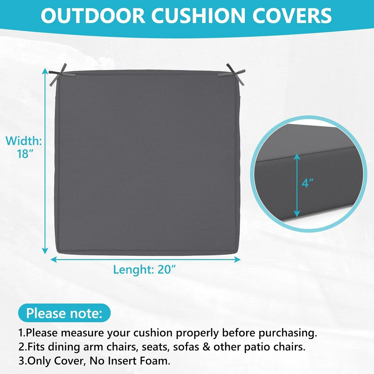 COSHNIBI Patio Cushion Covers 20'' X 18'' X 4'', Waterproof and Fade-Resistant Outdoor Cushion Cover Replacement for Outdoor Slipcovers,Rattan Chair Sofa & Lounge Seat - 4 Pack, Dark Grey(Covers Only)