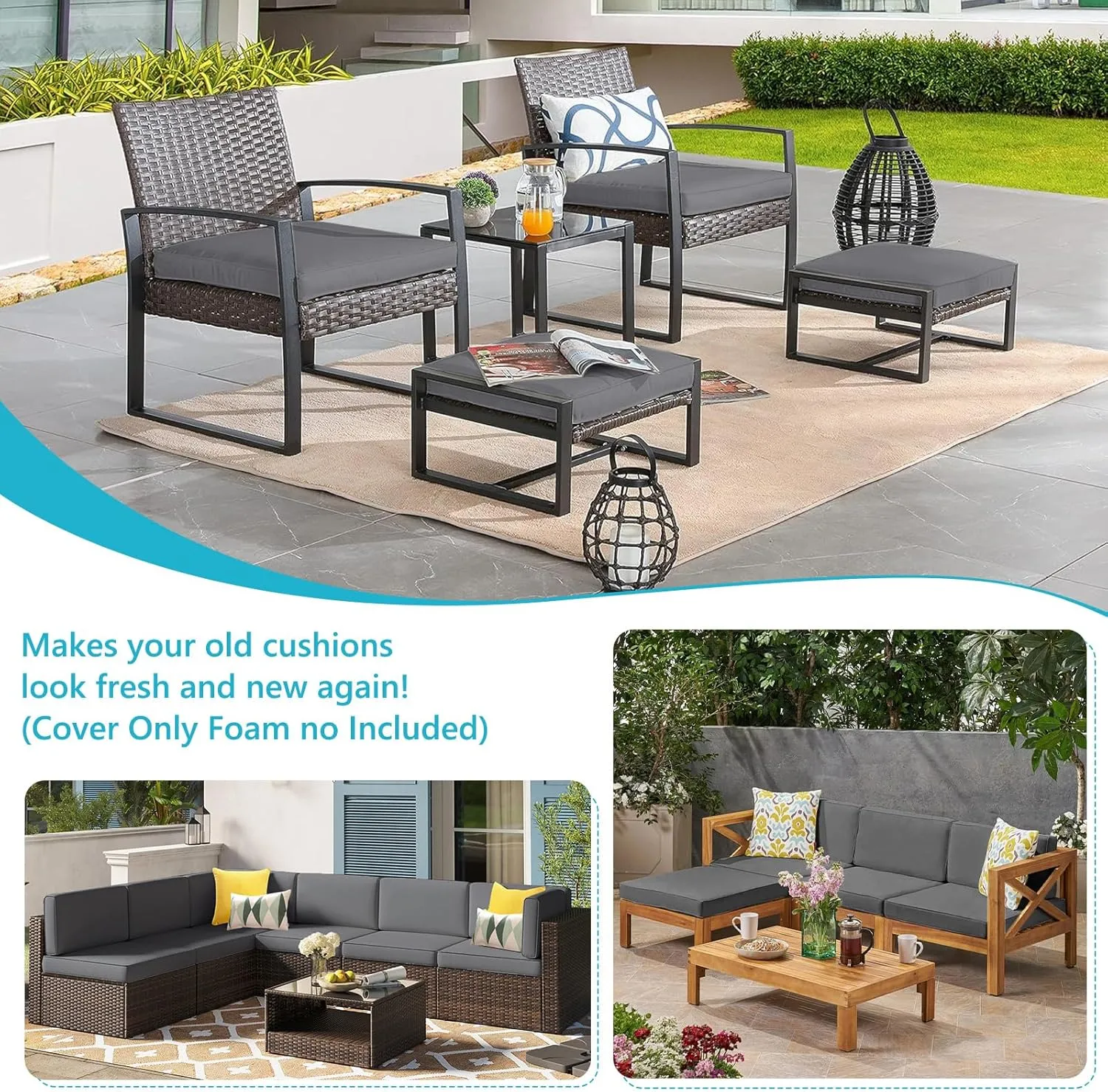 COSHNIBI Patio Cushion Covers 20'' X 18'' X 4'', Waterproof and Fade-Resistant Outdoor Cushion Cover Replacement for Outdoor Slipcovers,Rattan Chair Sofa & Lounge Seat - 4 Pack, Dark Grey(Covers Only)