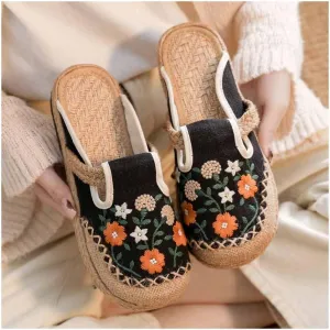 Cotton China Shoes ，Embroidered Shoes Women's Chinese Floral Embroidery Slippers Casual Shoes，Canvas Linen Slipper (Color : Black, Size : EUR35/36)
