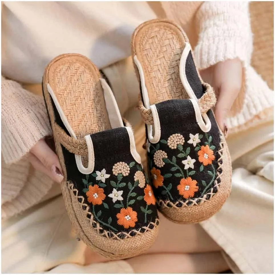 Cotton China Shoes ，Embroidered Shoes Women's Chinese Floral Embroidery Slippers Casual Shoes，Canvas Linen Slipper (Color : Black, Size : EUR35/36)