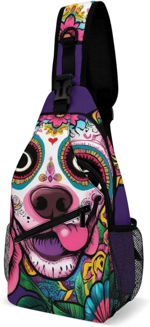 Crossbody Bags for Men, Travel Casual Sling Backpack Day of The Dead Pitbull Dog Art Gym Chest Bag Large Capacity Shoulder Backpack for Sport