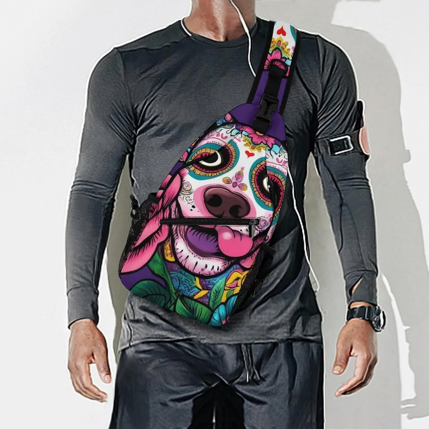 Crossbody Bags for Men, Travel Casual Sling Backpack Day of The Dead Pitbull Dog Art Gym Chest Bag Large Capacity Shoulder Backpack for Sport