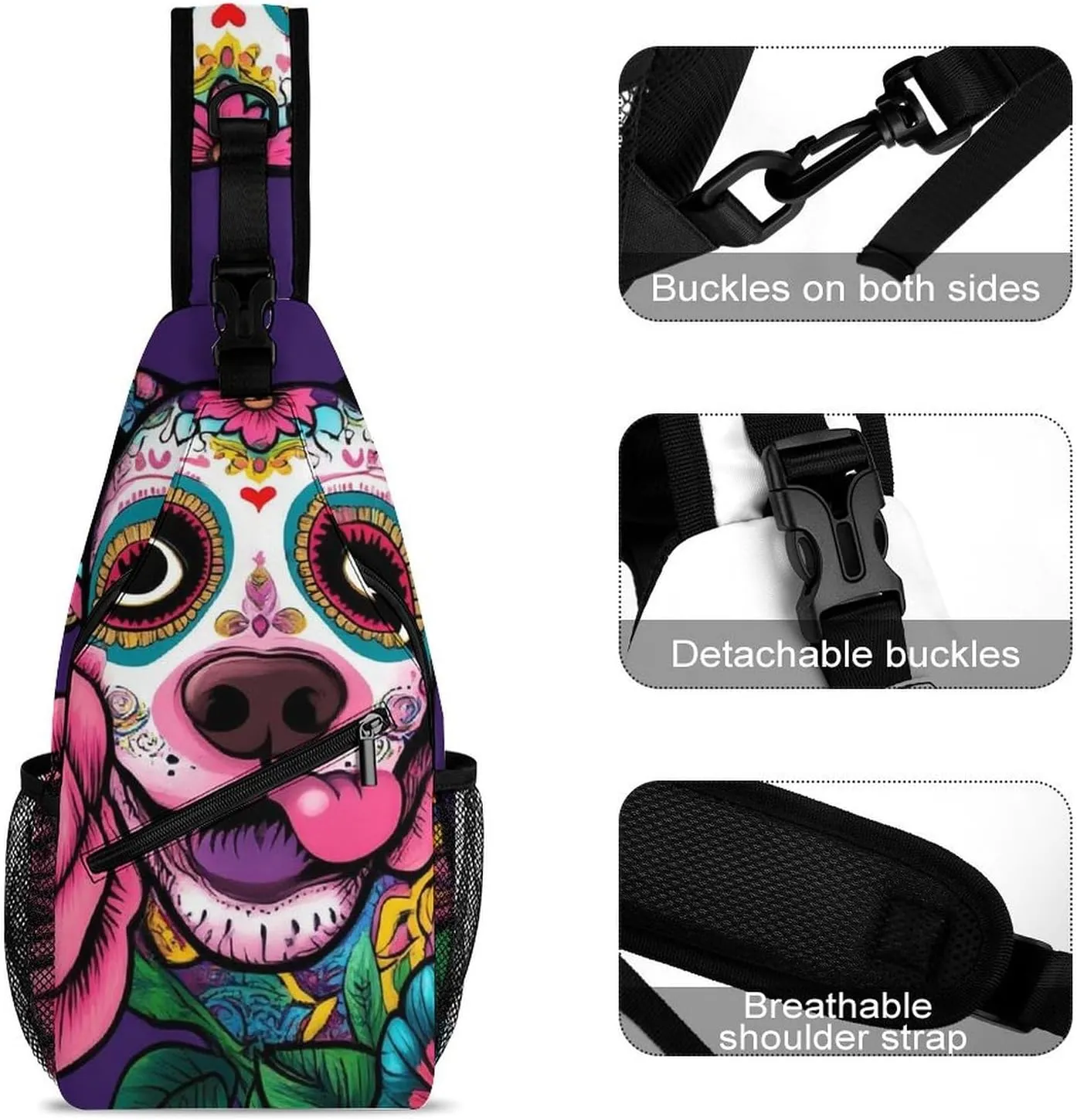 Crossbody Bags for Men, Travel Casual Sling Backpack Day of The Dead Pitbull Dog Art Gym Chest Bag Large Capacity Shoulder Backpack for Sport