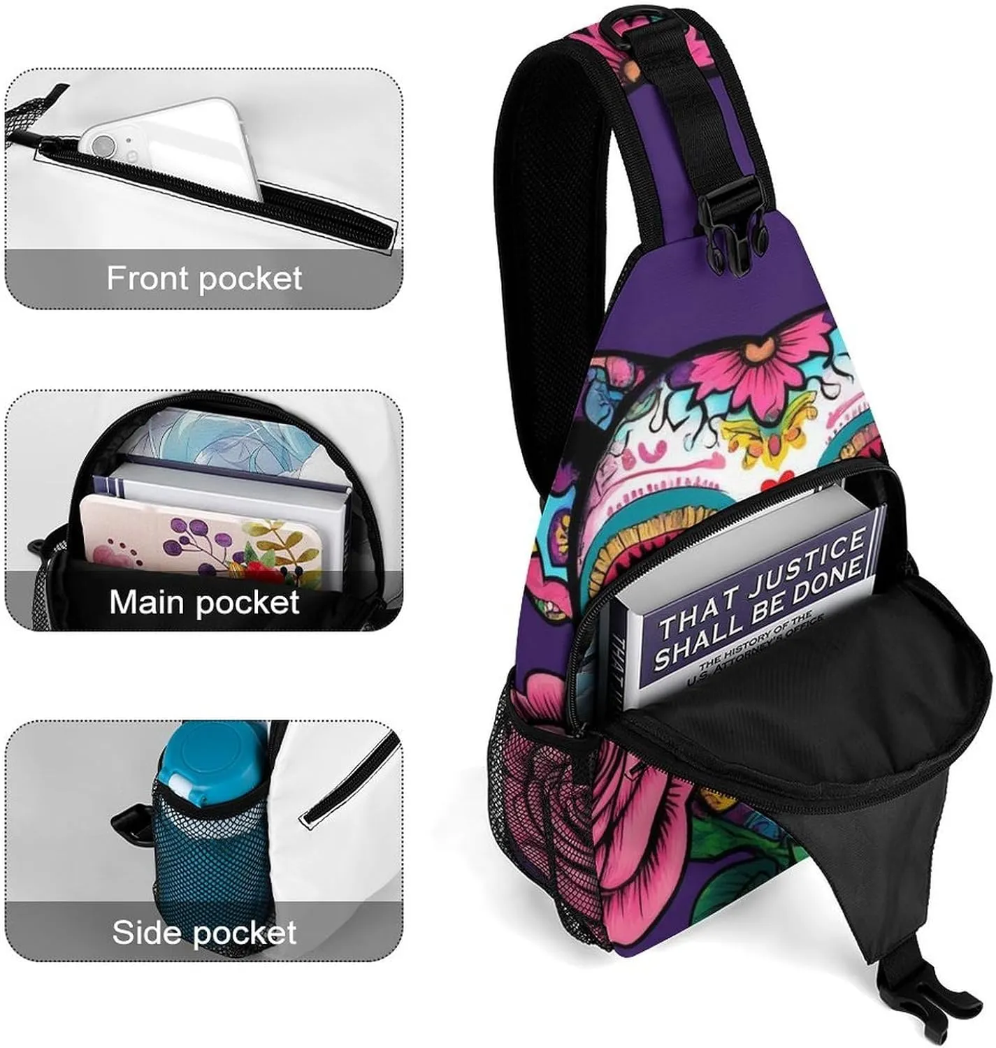 Crossbody Bags for Men, Travel Casual Sling Backpack Day of The Dead Pitbull Dog Art Gym Chest Bag Large Capacity Shoulder Backpack for Sport