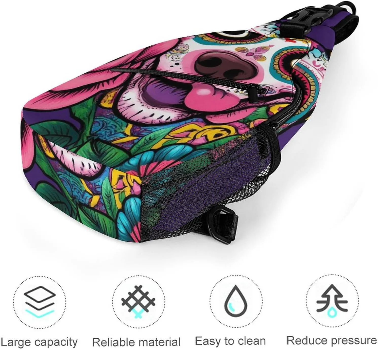 Crossbody Bags for Men, Travel Casual Sling Backpack Day of The Dead Pitbull Dog Art Gym Chest Bag Large Capacity Shoulder Backpack for Sport
