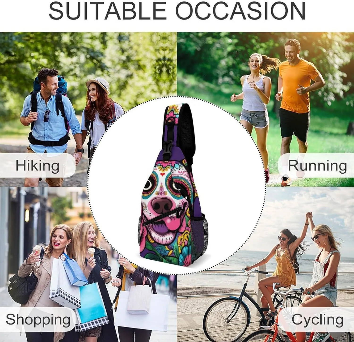 Crossbody Bags for Men, Travel Casual Sling Backpack Day of The Dead Pitbull Dog Art Gym Chest Bag Large Capacity Shoulder Backpack for Sport