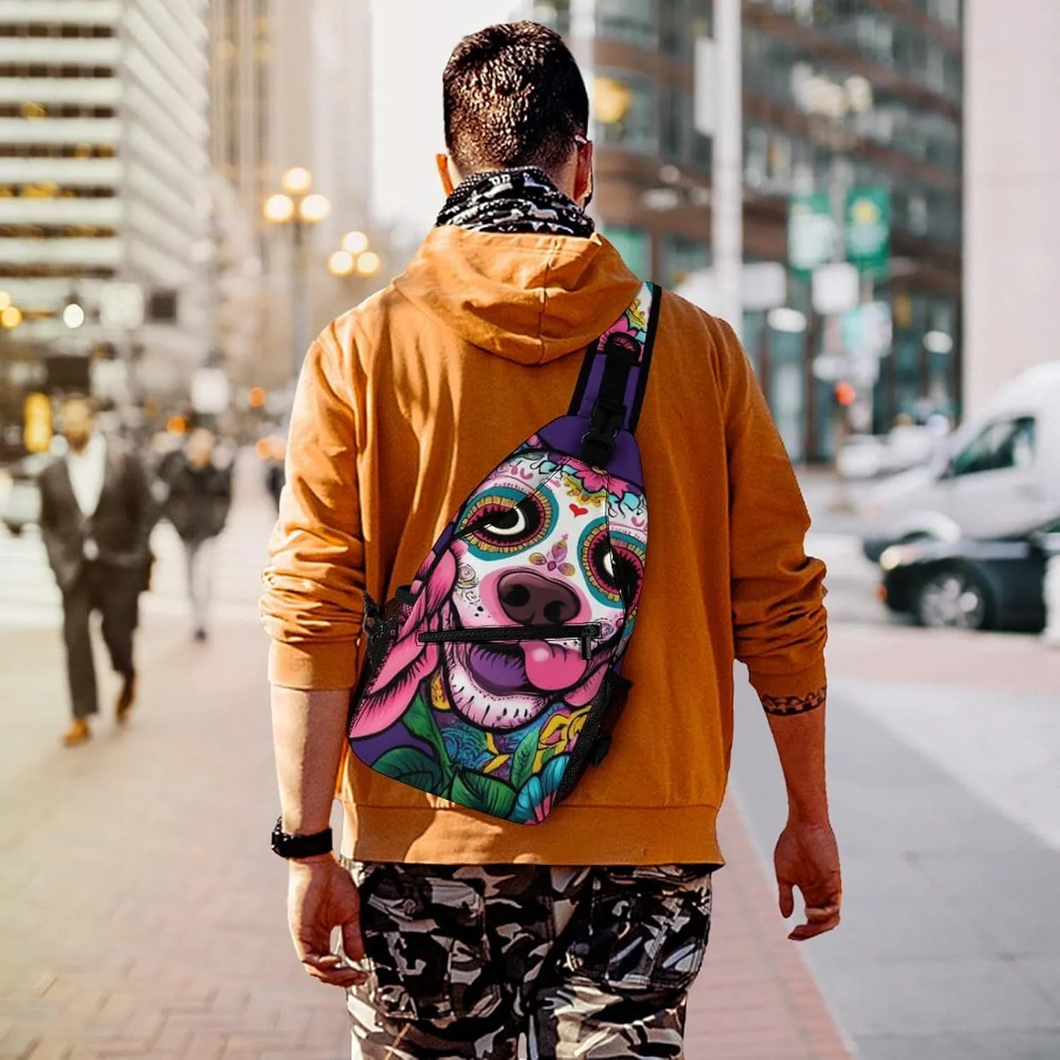 Crossbody Bags for Men, Travel Casual Sling Backpack Day of The Dead Pitbull Dog Art Gym Chest Bag Large Capacity Shoulder Backpack for Sport