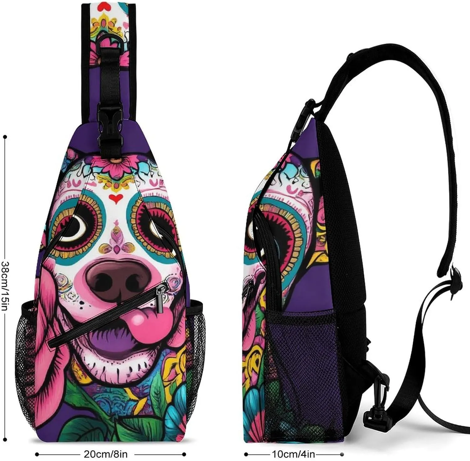 Crossbody Bags for Men, Travel Casual Sling Backpack Day of The Dead Pitbull Dog Art Gym Chest Bag Large Capacity Shoulder Backpack for Sport