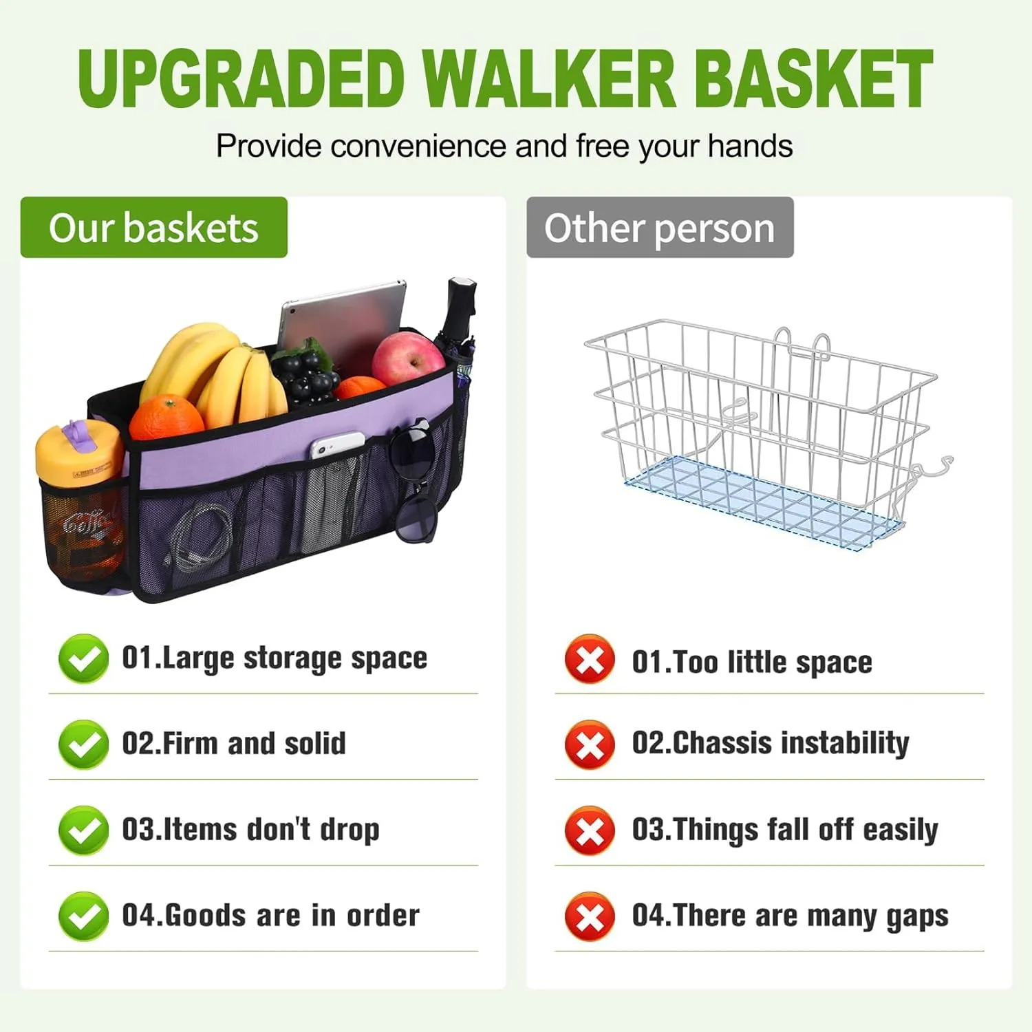 CTWWFS Upgrade Walker Basket with Cup Holder, Foldable Walker Storage Bag for seniors with Big Capacity & Never Tipping Over, Best Gift for Family (Purple)