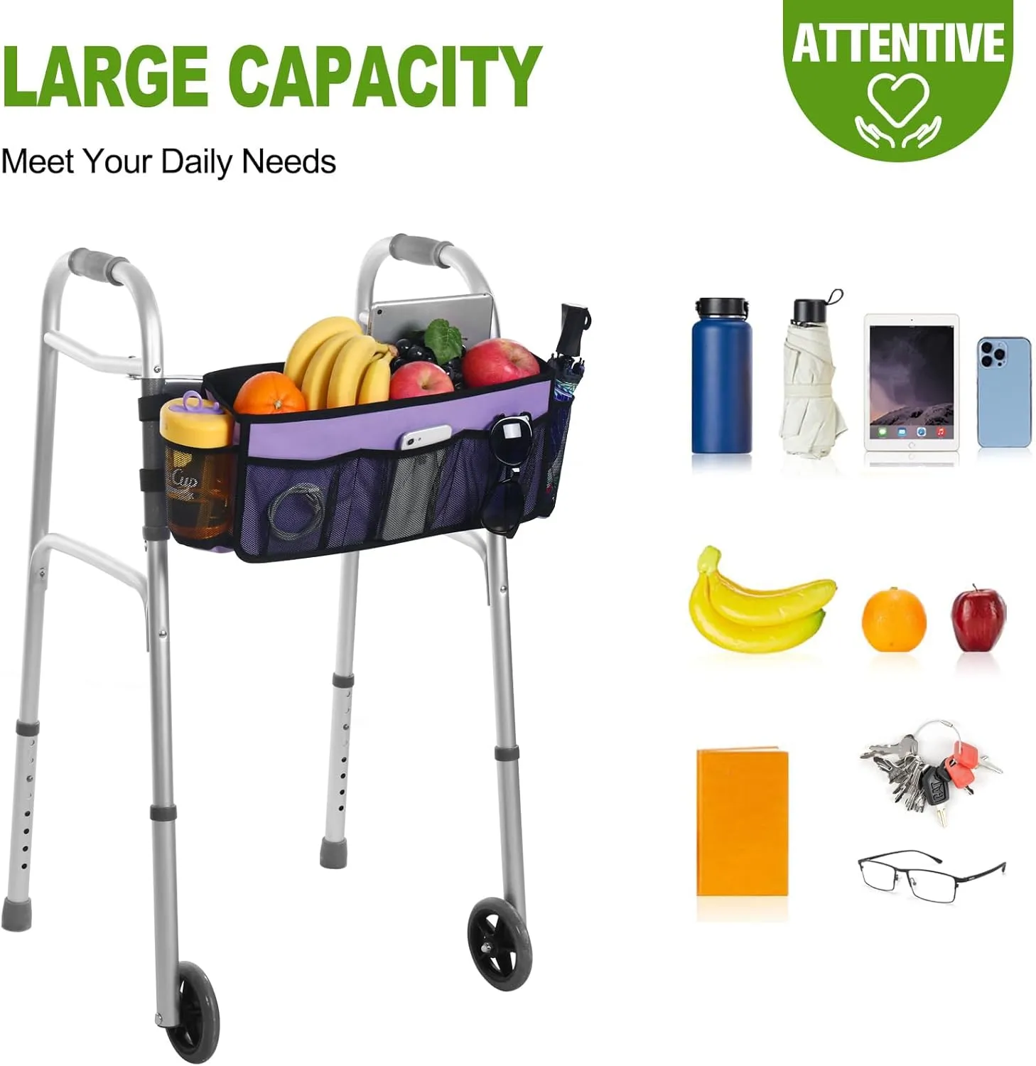 CTWWFS Upgrade Walker Basket with Cup Holder, Foldable Walker Storage Bag for seniors with Big Capacity & Never Tipping Over, Best Gift for Family (Purple)