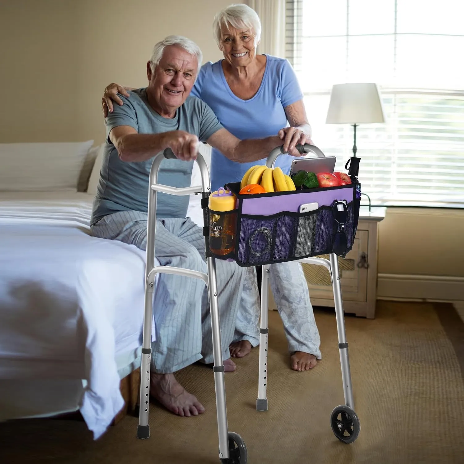 CTWWFS Upgrade Walker Basket with Cup Holder, Foldable Walker Storage Bag for seniors with Big Capacity & Never Tipping Over, Best Gift for Family (Purple)