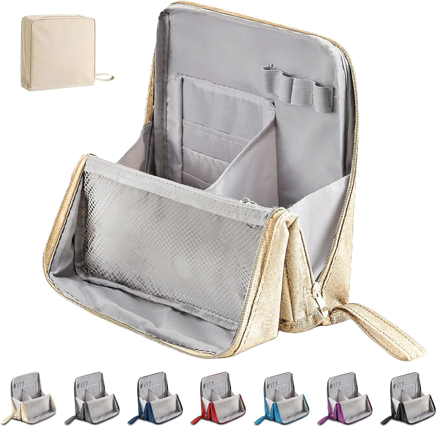 Doresty Makeup Bag, 2025 New Standing Makeup Bag – Portable, Large Capacity, Travel Makeup Organizer, Waterproof Oxford Cloth Cosmetic Toiletry Bags with Compartments (Beige)
