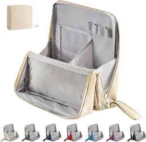 Doresty Makeup Bag, 2025 New Standing Makeup Bag – Portable, Large Capacity, Travel Makeup Organizer, Waterproof Oxford Cloth Cosmetic Toiletry Bags with Compartments (Beige)