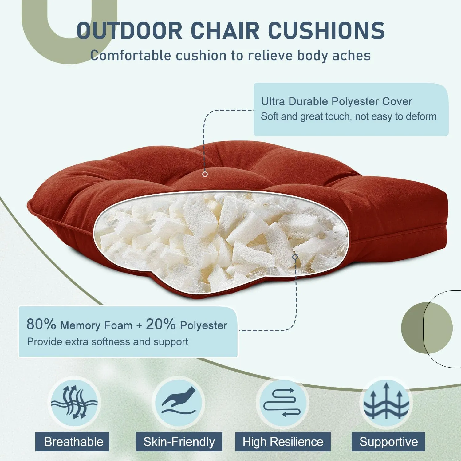 downluxe Outdoor Chair Cushions Set of 4 for Patio Furniture, Waterproof Tufted Overstuffed Patio Furniture Cushions, Thick Outdoor Seat Cushion, 19" X 19" X 5", Brick Red