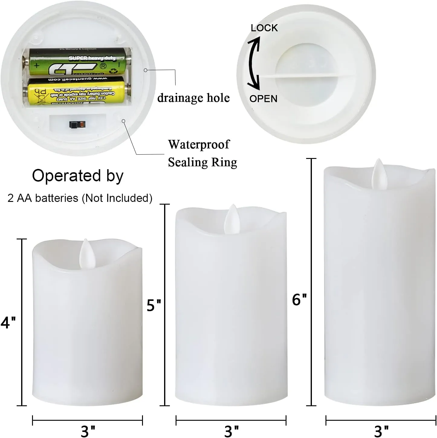 DRomance Moving Wick Outdoor Flameless Candles Battery Operated with 10-Key Remote and Timer, 3 Pack Plastic White LED Flickering Candles Wedding Holiday Decor(3" x 4", 5", 6")