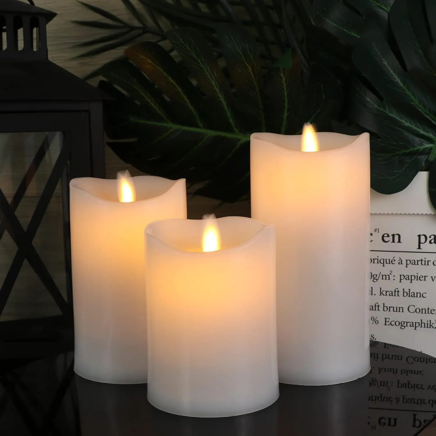 DRomance Moving Wick Outdoor Flameless Candles Battery Operated with 10-Key Remote and Timer, 3 Pack Plastic White LED Flickering Candles Wedding Holiday Decor(3" x 4", 5", 6")