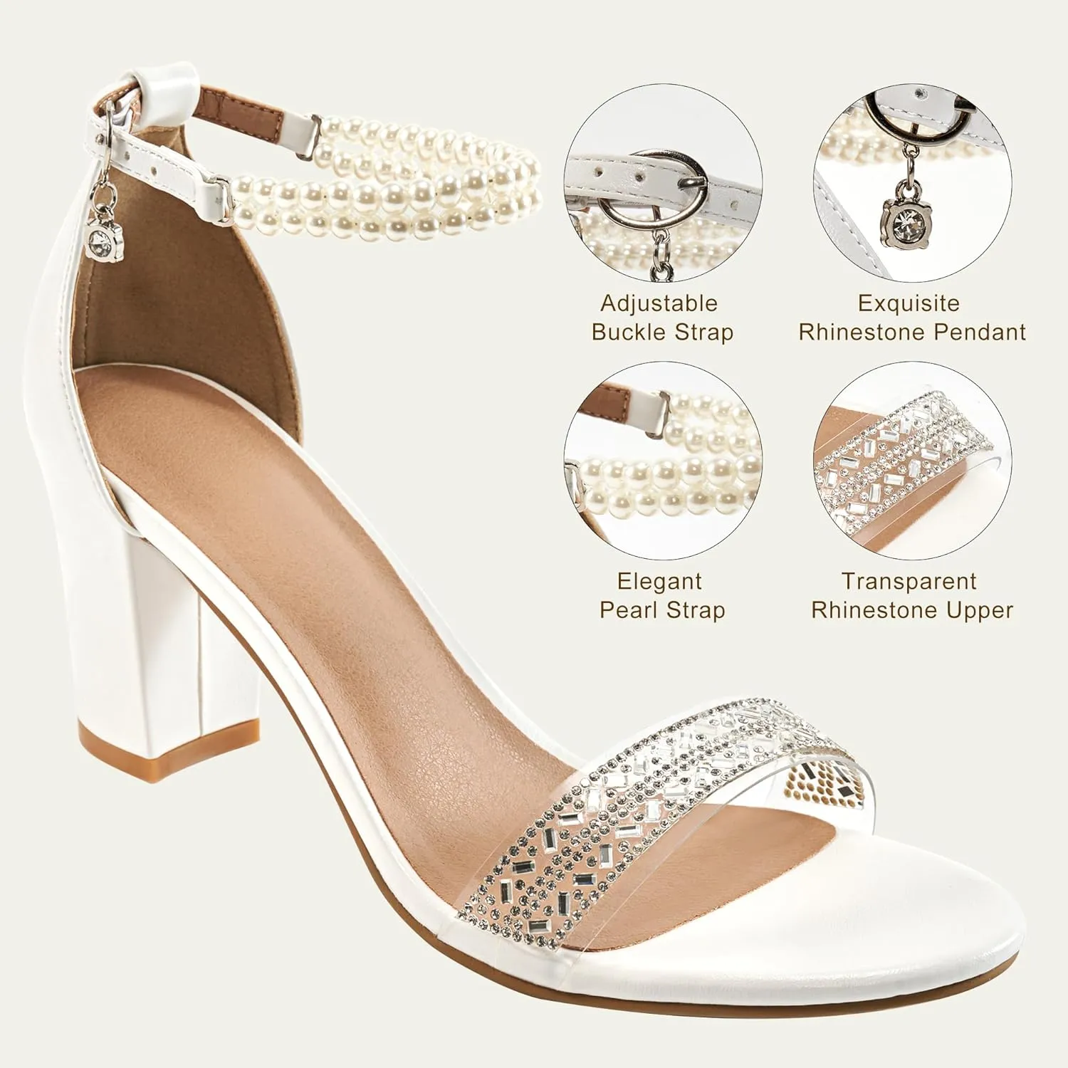 Ecetana Womens Sandals High Heels Open Toe Rhinestone Pearl Block Chunky Heeled Ankle Strap Dressy Sexy Shoes for Wedding Party
