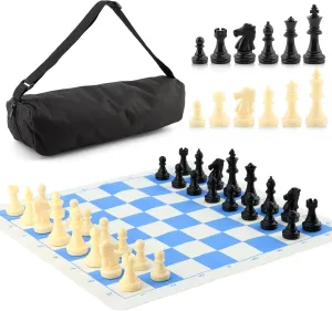 EMVANV Portable Chess & Checkers Set, 35cm Travel Board Games Tournament Chess Mat with Chess & Storage Bag, Blue Roll Up Chess Board Travel Chess Sets(Blue)