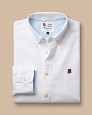 England Rugby Washed Oxford Shirt with Red Rose - White
