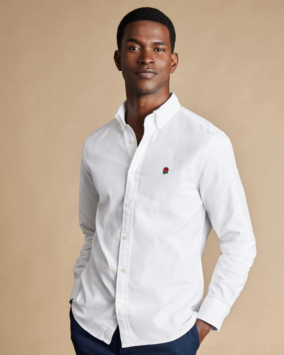 England Rugby Washed Oxford Shirt with Red Rose - White