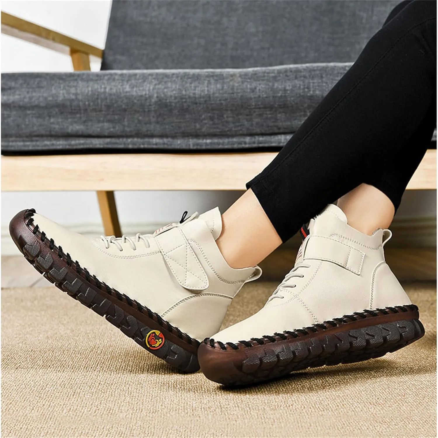 FAIRSOMA Women's Leather High Top Flat Sneakers with Adjustable Strap,Fashion Lightweight Lace Up Loafers Casual Warm Platform Ankle Boot Shoes Comfort Non-Slip Walking Shoes Soft Bottom Mom Shoes​