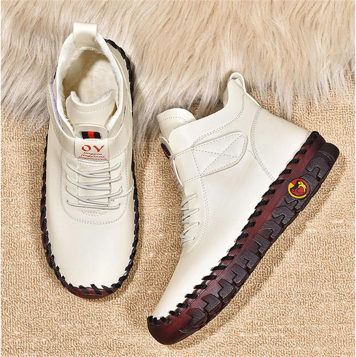 FAIRSOMA Women's Leather High Top Flat Sneakers with Adjustable Strap,Fashion Lightweight Lace Up Loafers Casual Warm Platform Ankle Boot Shoes Comfort Non-Slip Walking Shoes Soft Bottom Mom Shoes​