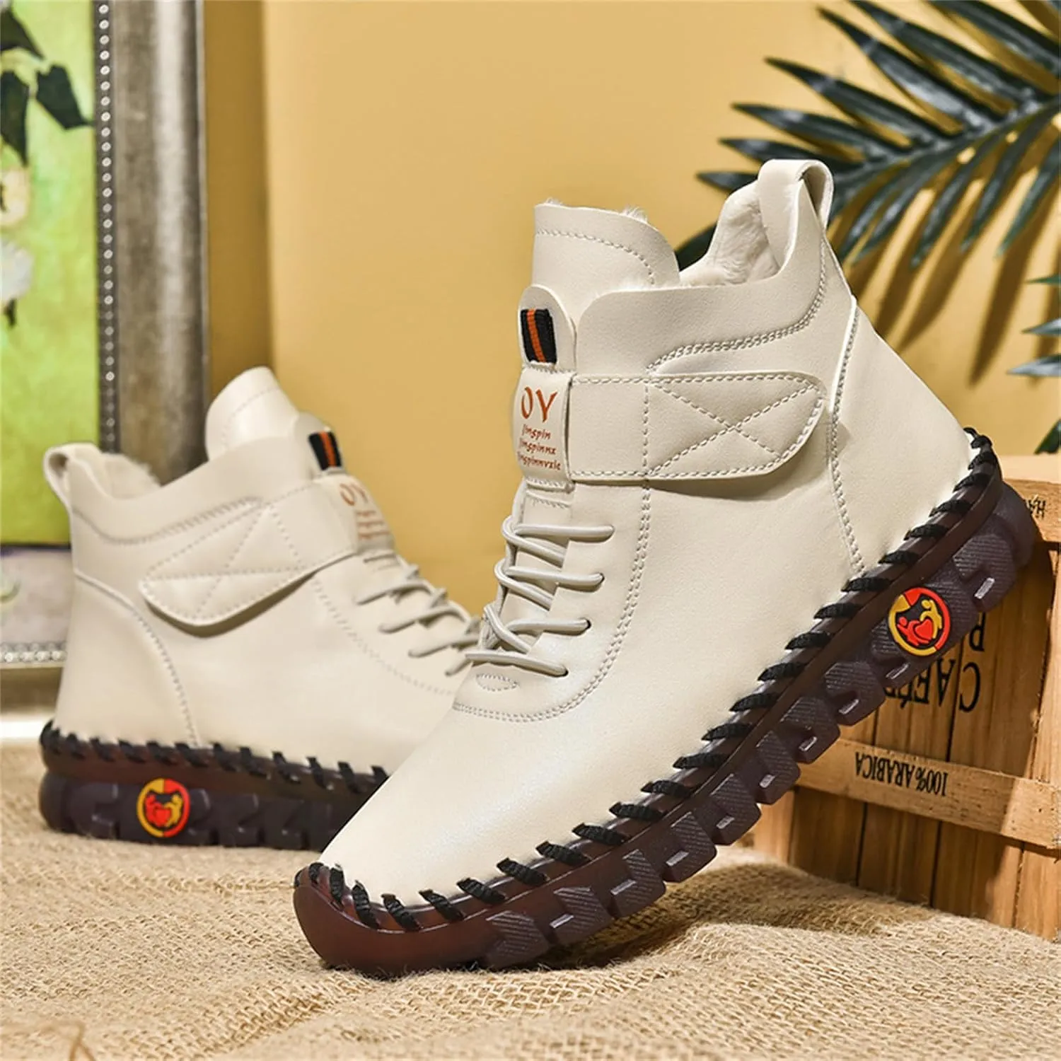 FAIRSOMA Women's Leather High Top Flat Sneakers with Adjustable Strap,Fashion Lightweight Lace Up Loafers Casual Warm Platform Ankle Boot Shoes Comfort Non-Slip Walking Shoes Soft Bottom Mom Shoes​