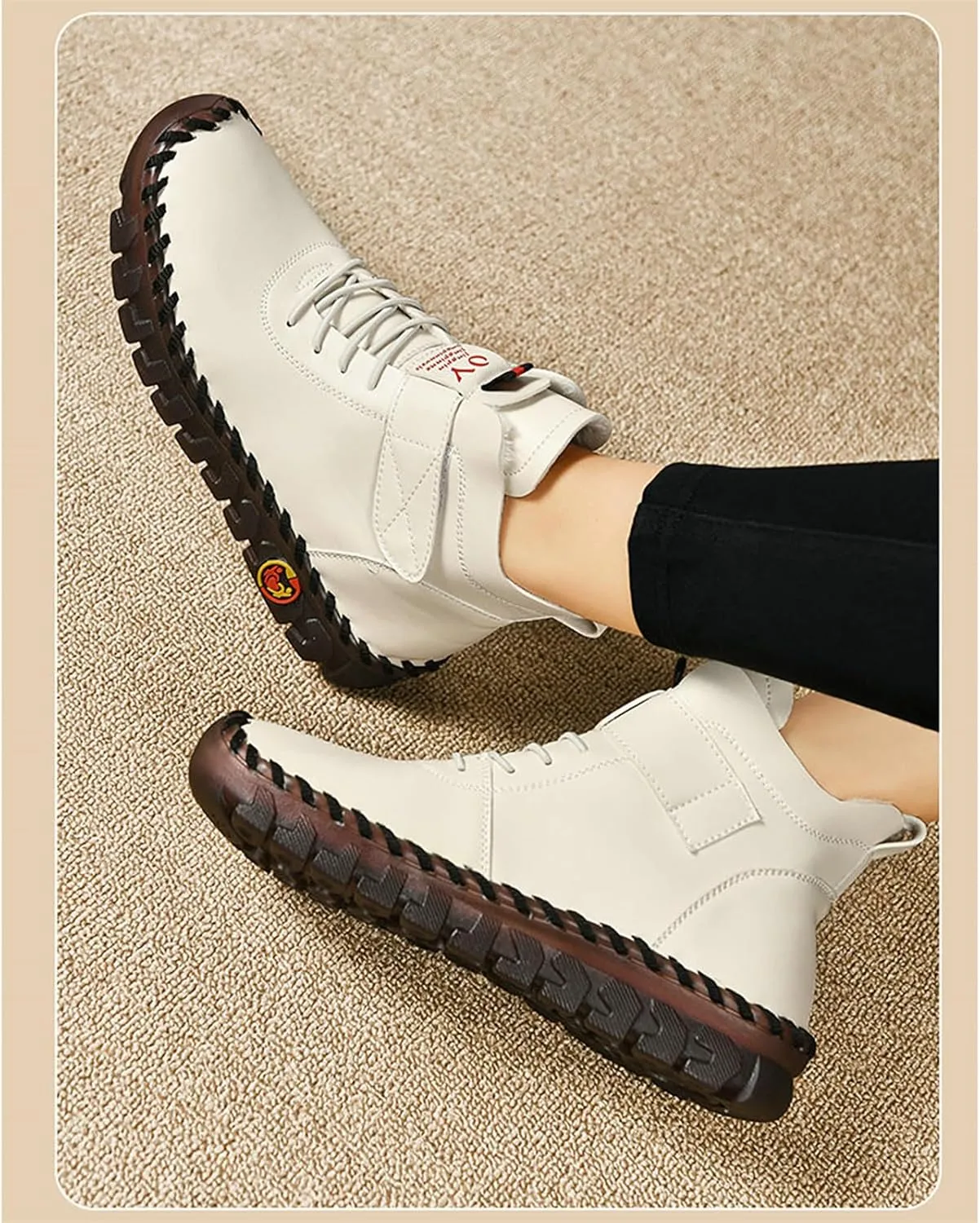 FAIRSOMA Women's Leather High Top Flat Sneakers with Adjustable Strap,Fashion Lightweight Lace Up Loafers Casual Warm Platform Ankle Boot Shoes Comfort Non-Slip Walking Shoes Soft Bottom Mom Shoes​