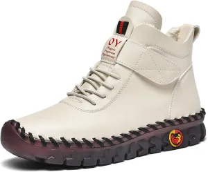FAIRSOMA Women's Leather High Top Flat Sneakers with Adjustable Strap,Fashion Lightweight Lace Up Loafers Casual Warm Platform Ankle Boot Shoes Comfort Non-Slip Walking Shoes Soft Bottom Mom Shoes​