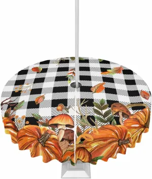 Fall Outdoor Tablecloth 60" Round Tablecloth with Umbrella Hole and Zipper Waterproof Polyester Fabric Table Cloth Autumn Pumpkin Mushtoom Leaf Check Black White Table Cover for Patio Picnic