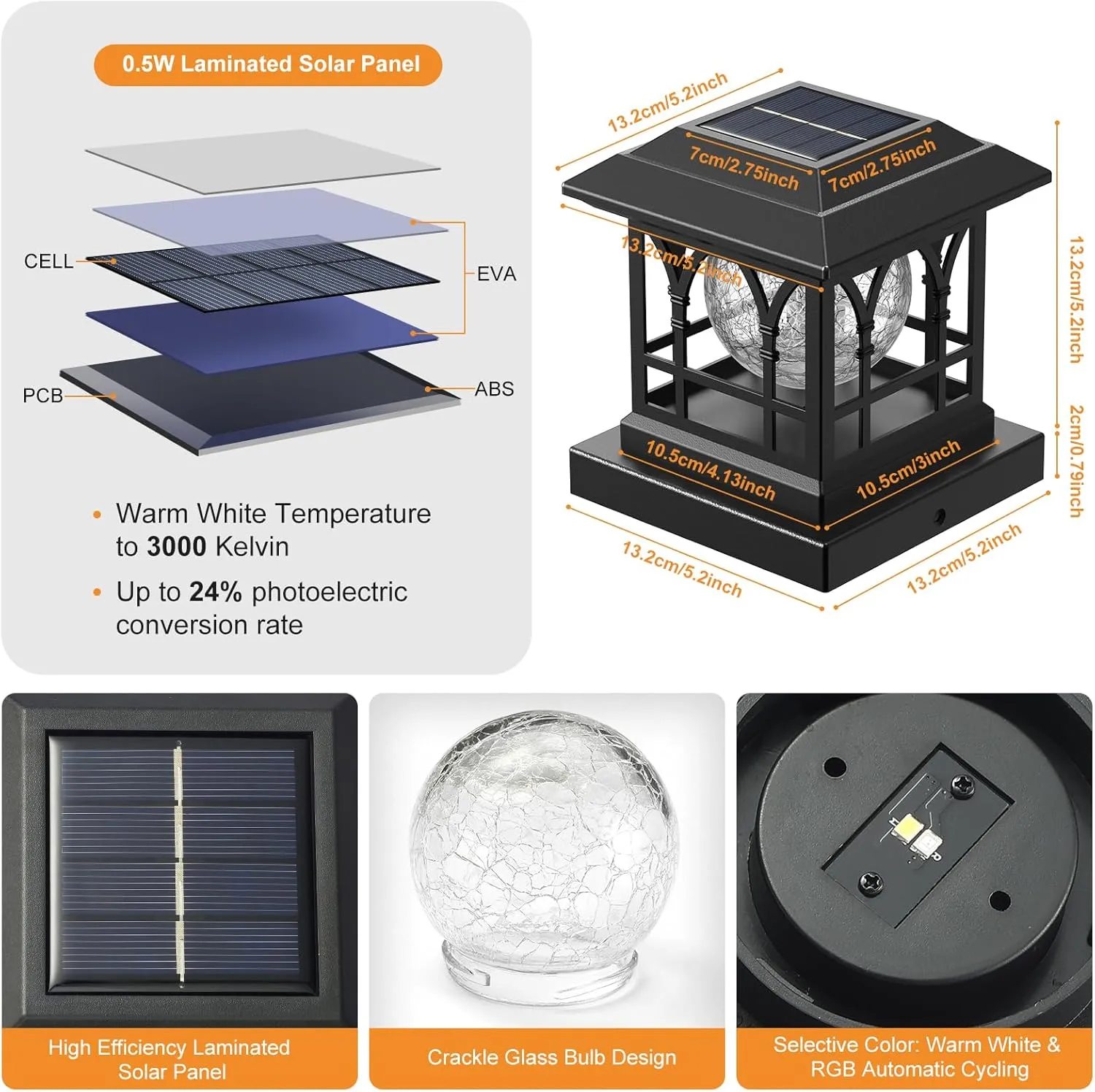 Fence Post Solar Lights, Crackle Glass Solar Post Cap Lights, 20 Lumens, Warm White & RGB Automatic Cycling 2 Modes for 3.6x3.6 4x4 4.5x4.5 5x5 Vinyl Wooden Posts Decoration, Black (1 Pack)