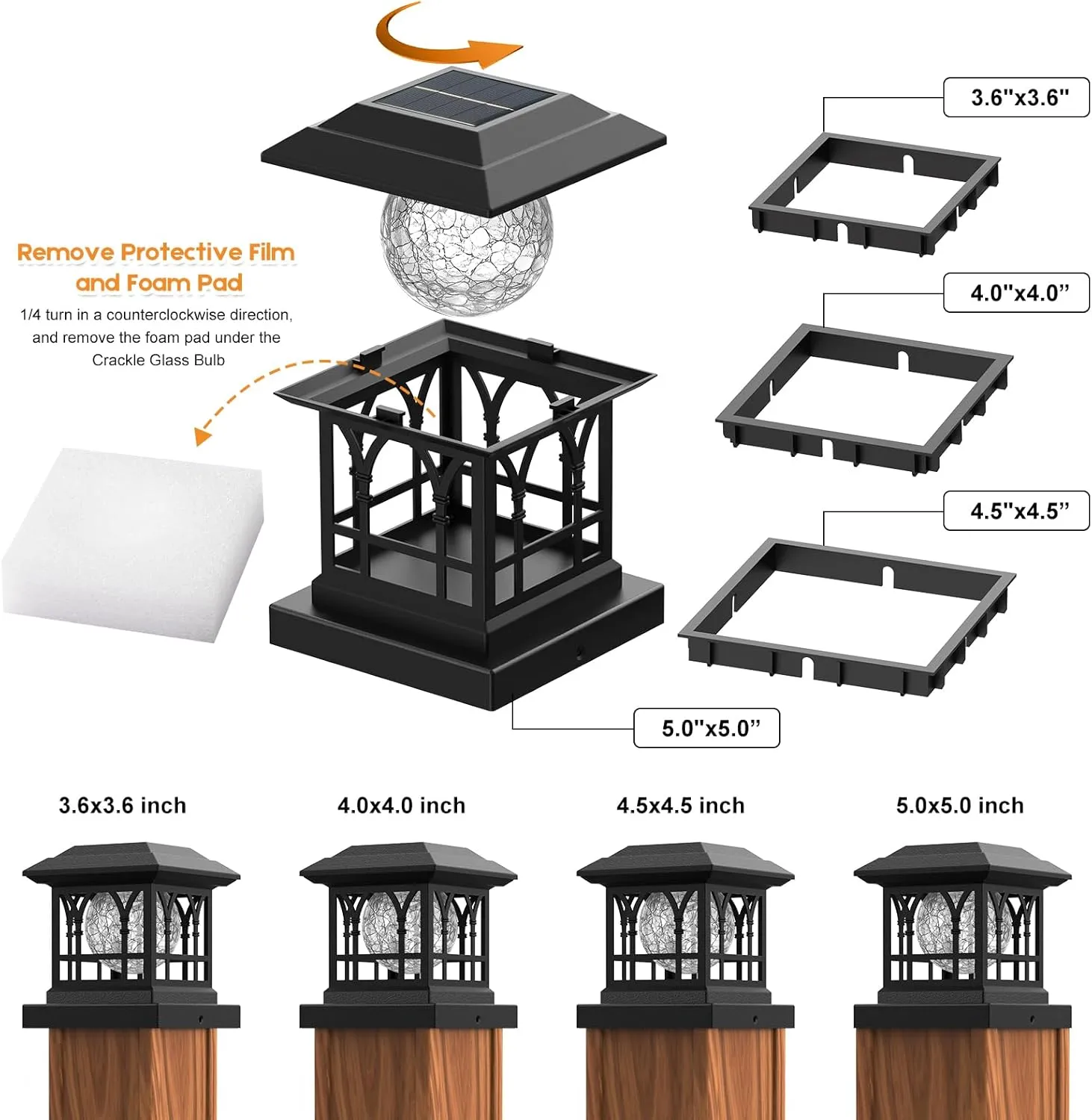 Fence Post Solar Lights, Crackle Glass Solar Post Cap Lights, 20 Lumens, Warm White & RGB Automatic Cycling 2 Modes for 3.6x3.6 4x4 4.5x4.5 5x5 Vinyl Wooden Posts Decoration, Black (1 Pack)