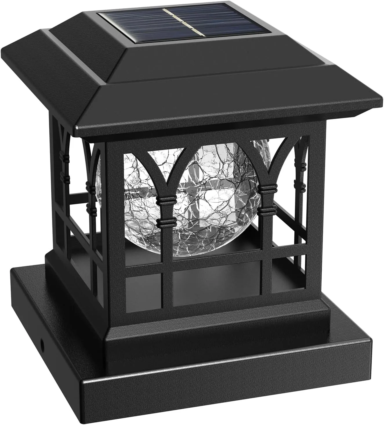 Fence Post Solar Lights, Crackle Glass Solar Post Cap Lights, 20 Lumens, Warm White & RGB Automatic Cycling 2 Modes for 3.6x3.6 4x4 4.5x4.5 5x5 Vinyl Wooden Posts Decoration, Black (1 Pack)