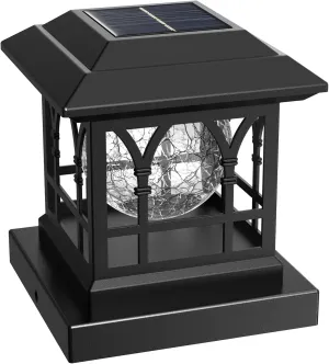 Fence Post Solar Lights, Crackle Glass Solar Post Cap Lights, 20 Lumens, Warm White & RGB Automatic Cycling 2 Modes for 3.6x3.6 4x4 4.5x4.5 5x5 Vinyl Wooden Posts Decoration, Black (1 Pack)