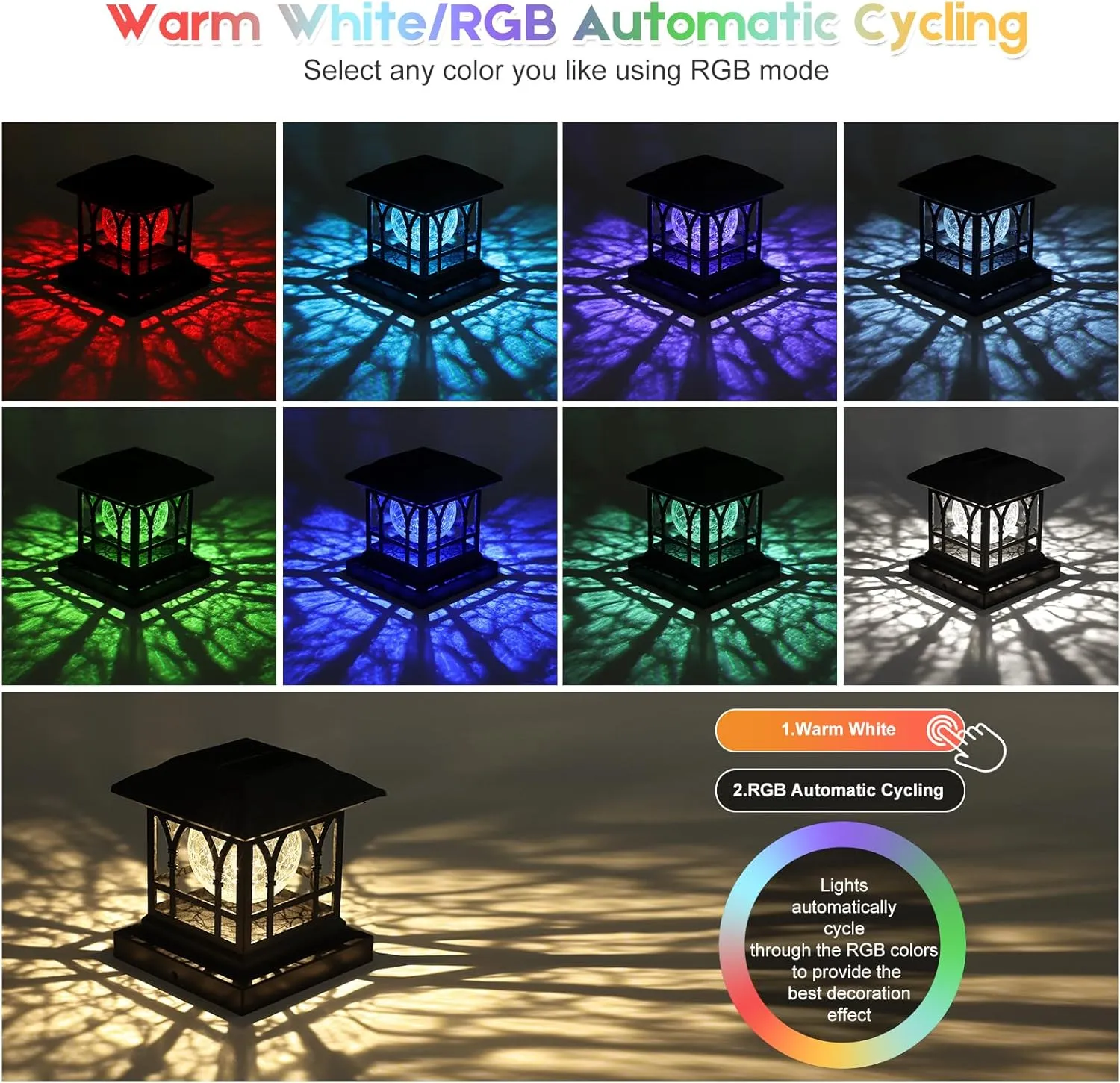 Fence Post Solar Lights, Crackle Glass Solar Post Cap Lights, 20 Lumens, Warm White & RGB Automatic Cycling 2 Modes for 3.6x3.6 4x4 4.5x4.5 5x5 Vinyl Wooden Posts Decoration, Black (1 Pack)