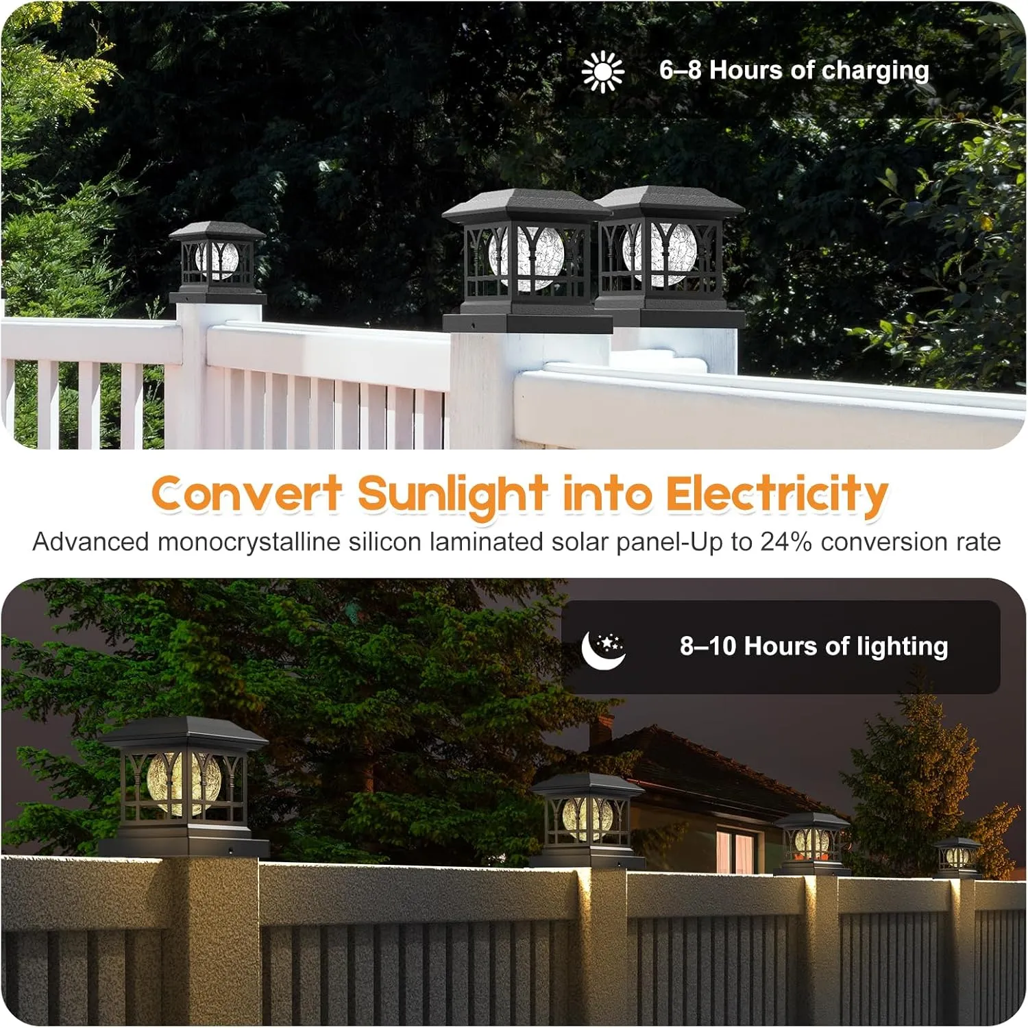 Fence Post Solar Lights, Crackle Glass Solar Post Cap Lights, 20 Lumens, Warm White & RGB Automatic Cycling 2 Modes for 3.6x3.6 4x4 4.5x4.5 5x5 Vinyl Wooden Posts Decoration, Black (1 Pack)