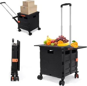 Foldable Utility Cart Collapsible Portable Crate Rolling Carts with Magnetic Lid Telescopic Handle Wear-Resistant 360° Noiseless Swivel Wheel for Shopping Moving Travel Storage Luggage Office (Black)