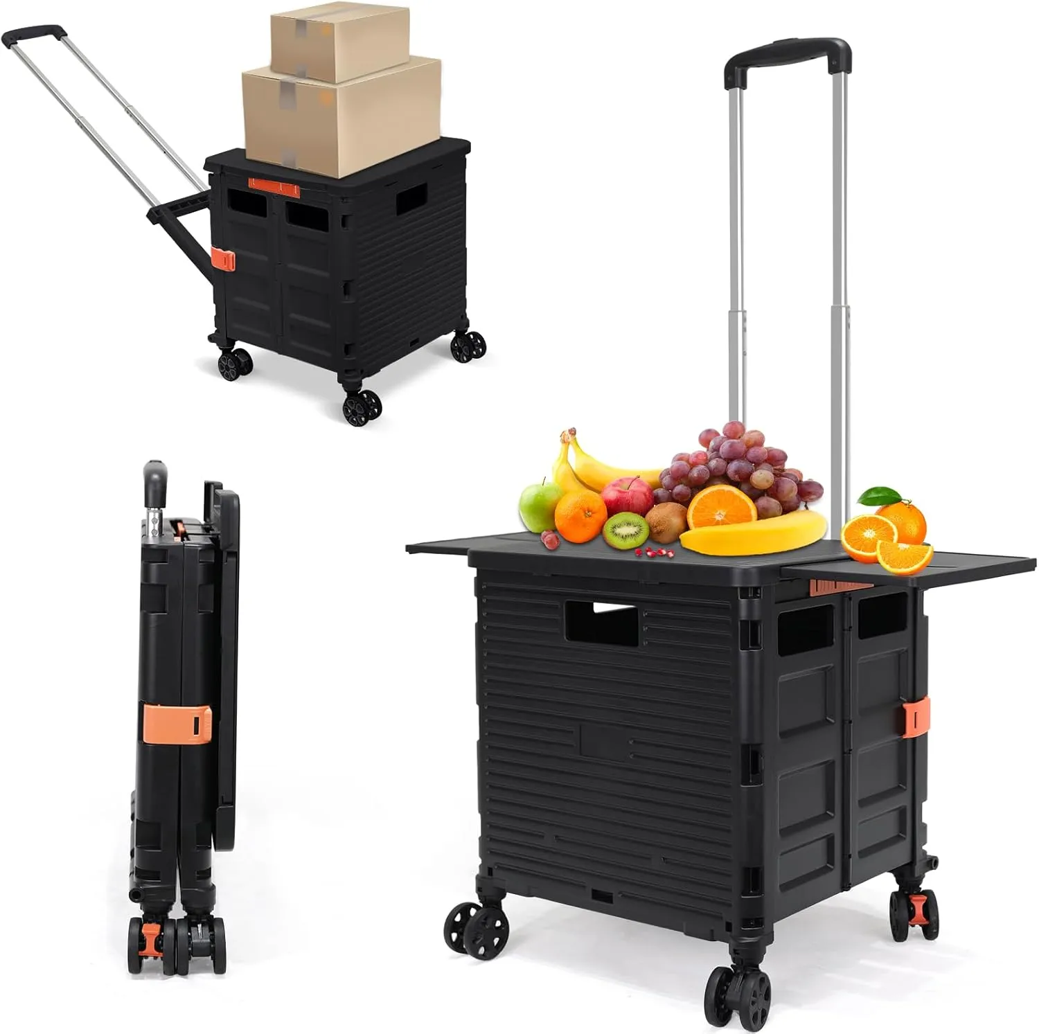 Foldable Utility Cart Collapsible Portable Crate Rolling Carts with Magnetic Lid Telescopic Handle Wear-Resistant 360° Noiseless Swivel Wheel for Shopping Moving Travel Storage Luggage Office (Black)