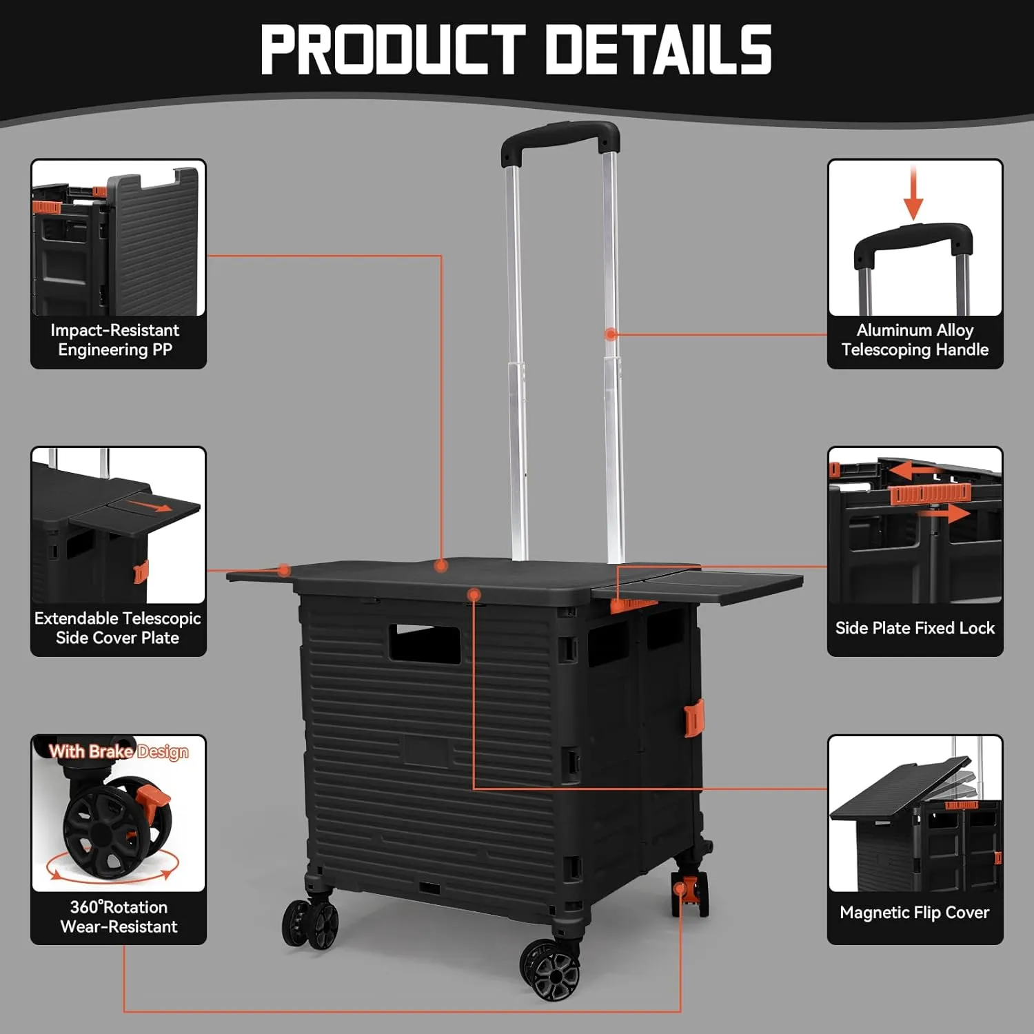 Foldable Utility Cart Collapsible Portable Crate Rolling Carts with Magnetic Lid Telescopic Handle Wear-Resistant 360° Noiseless Swivel Wheel for Shopping Moving Travel Storage Luggage Office (Black)