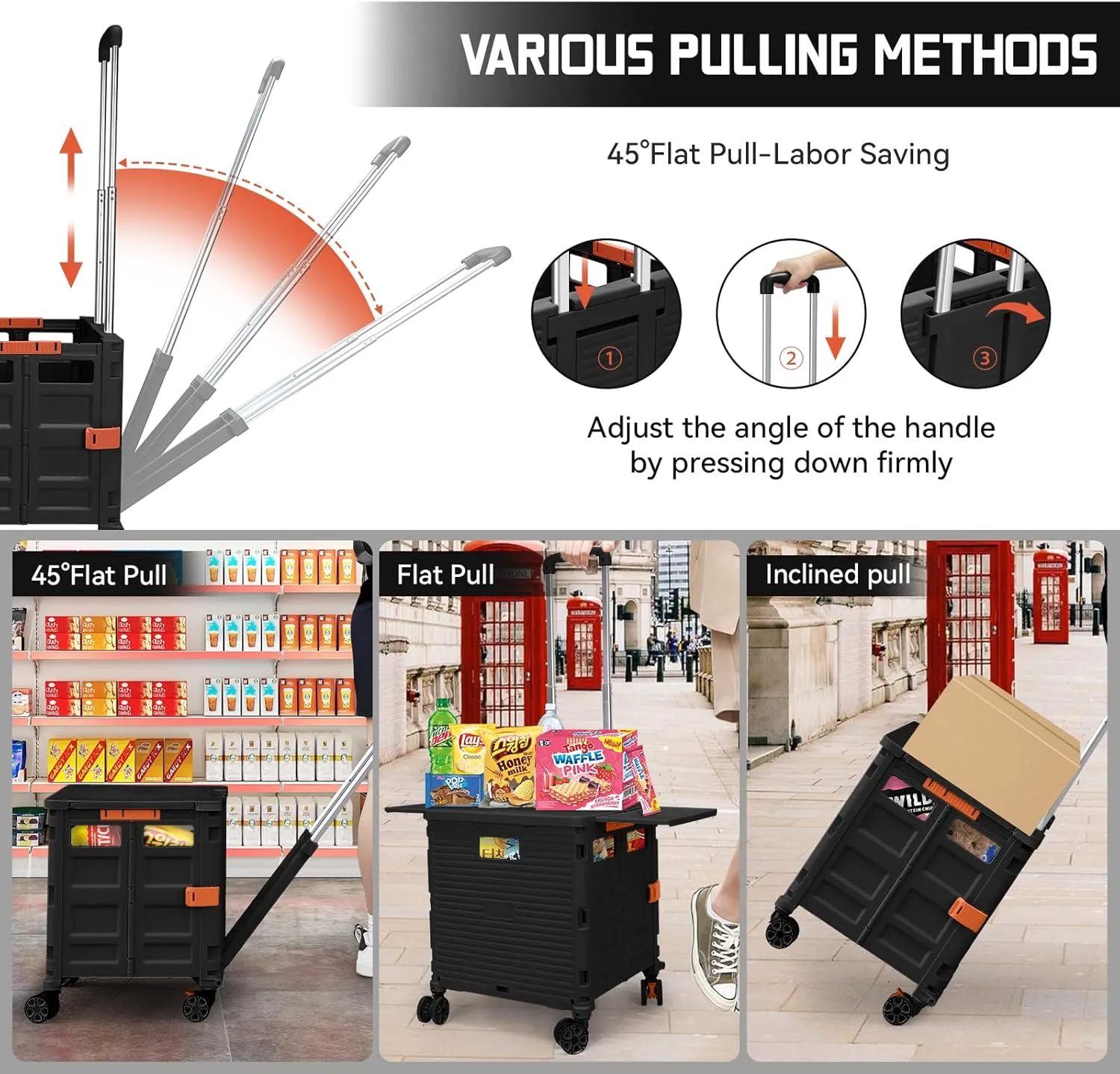 Foldable Utility Cart Collapsible Portable Crate Rolling Carts with Magnetic Lid Telescopic Handle Wear-Resistant 360° Noiseless Swivel Wheel for Shopping Moving Travel Storage Luggage Office (Black)