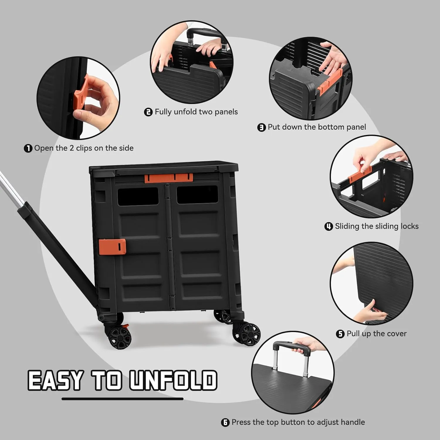 Foldable Utility Cart Collapsible Portable Crate Rolling Carts with Magnetic Lid Telescopic Handle Wear-Resistant 360° Noiseless Swivel Wheel for Shopping Moving Travel Storage Luggage Office (Black)