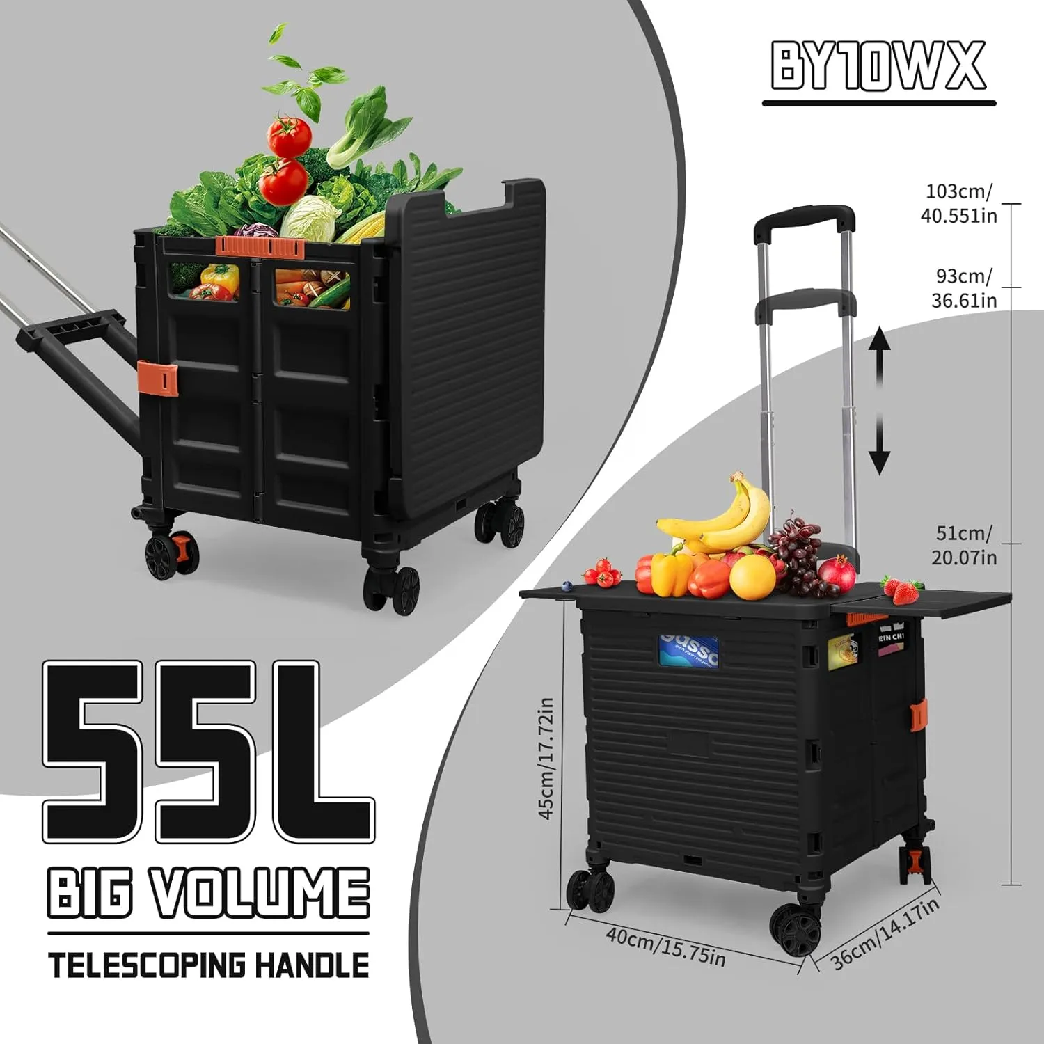Foldable Utility Cart Collapsible Portable Crate Rolling Carts with Magnetic Lid Telescopic Handle Wear-Resistant 360° Noiseless Swivel Wheel for Shopping Moving Travel Storage Luggage Office (Black)