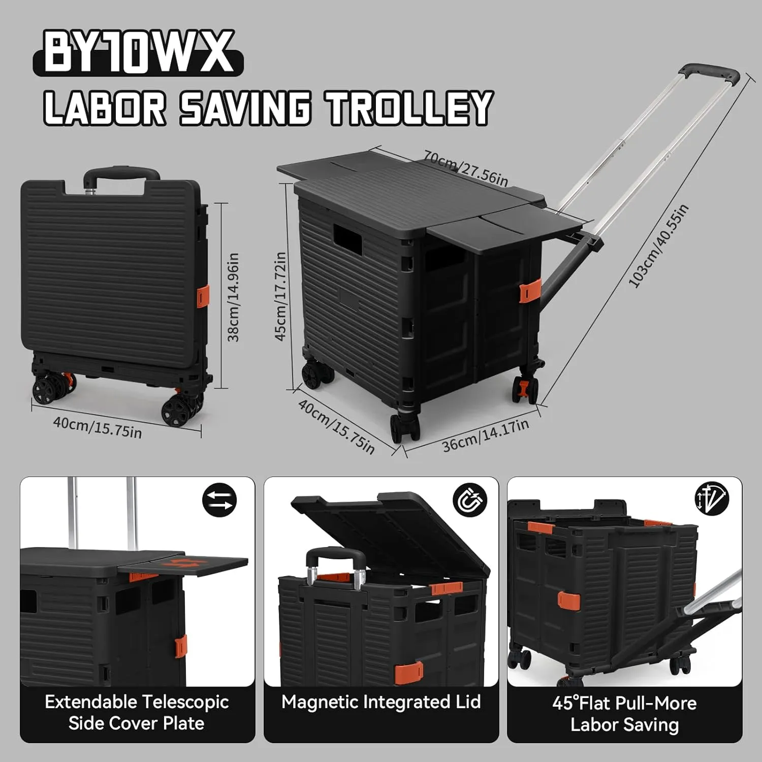 Foldable Utility Cart Collapsible Portable Crate Rolling Carts with Magnetic Lid Telescopic Handle Wear-Resistant 360° Noiseless Swivel Wheel for Shopping Moving Travel Storage Luggage Office (Black)