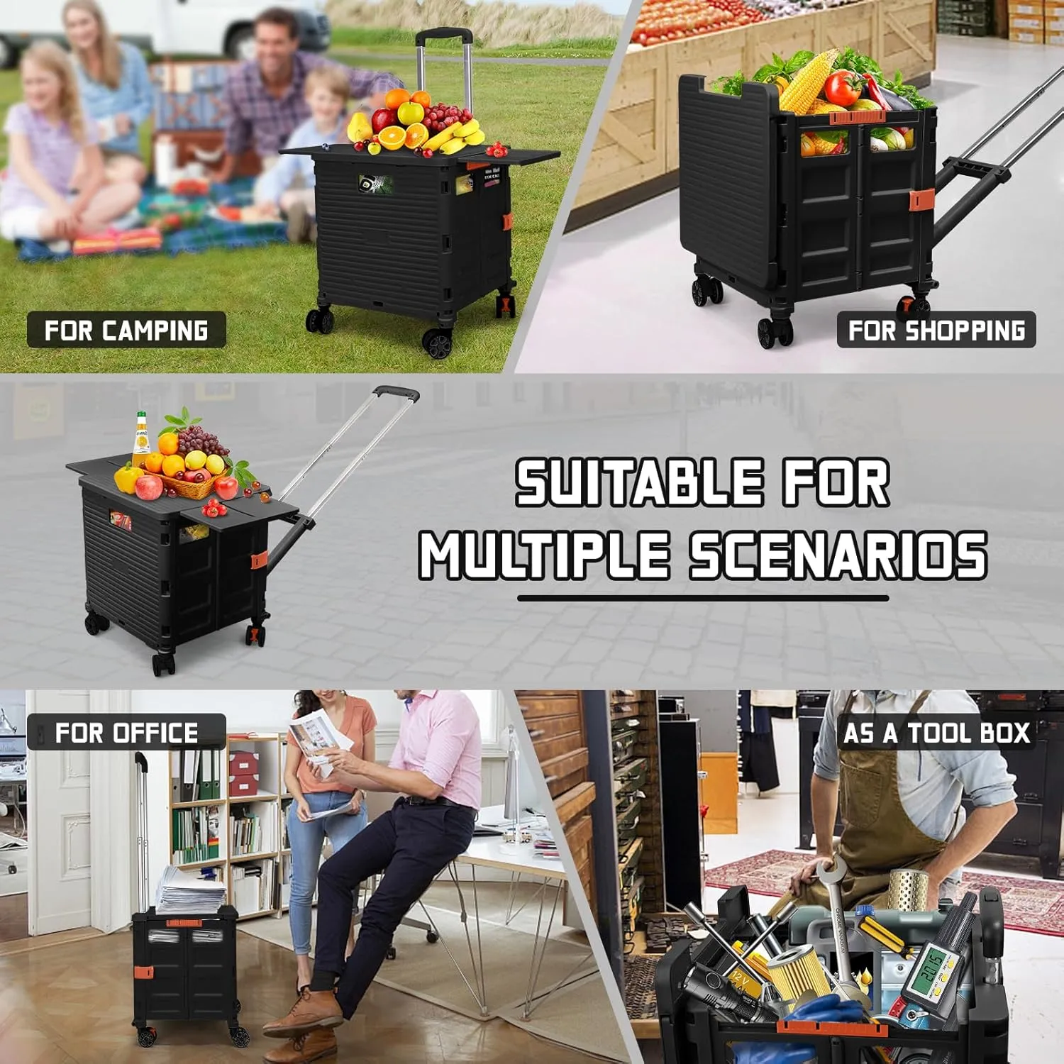 Foldable Utility Cart Collapsible Portable Crate Rolling Carts with Magnetic Lid Telescopic Handle Wear-Resistant 360° Noiseless Swivel Wheel for Shopping Moving Travel Storage Luggage Office (Black)