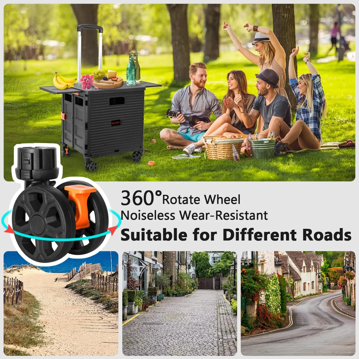Foldable Utility Cart Collapsible Portable Crate Rolling Carts with Magnetic Lid Telescopic Handle Wear-Resistant 360° Noiseless Swivel Wheel for Shopping Moving Travel Storage Luggage Office (Black)