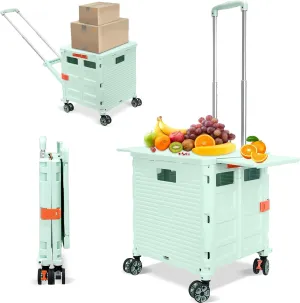 Foldable Utility Cart Collapsible Portable Crate Rolling Carts with Magnetic Lid Telescopic Handle Wear-Resistant 360°Rotate Noiseless Swivel Wheel for Shopping Moving Storage Luggage Office(Green)