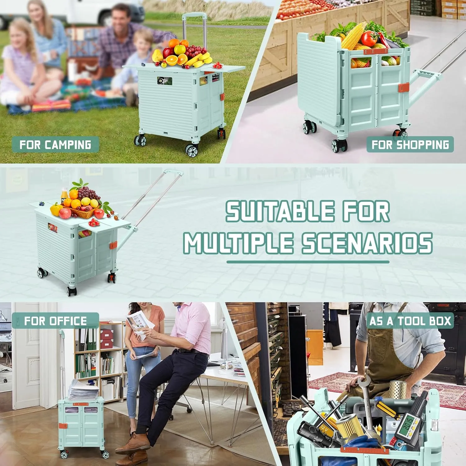 Foldable Utility Cart Collapsible Portable Crate Rolling Carts with Magnetic Lid Telescopic Handle Wear-Resistant 360°Rotate Noiseless Swivel Wheel for Shopping Moving Storage Luggage Office(Green)
