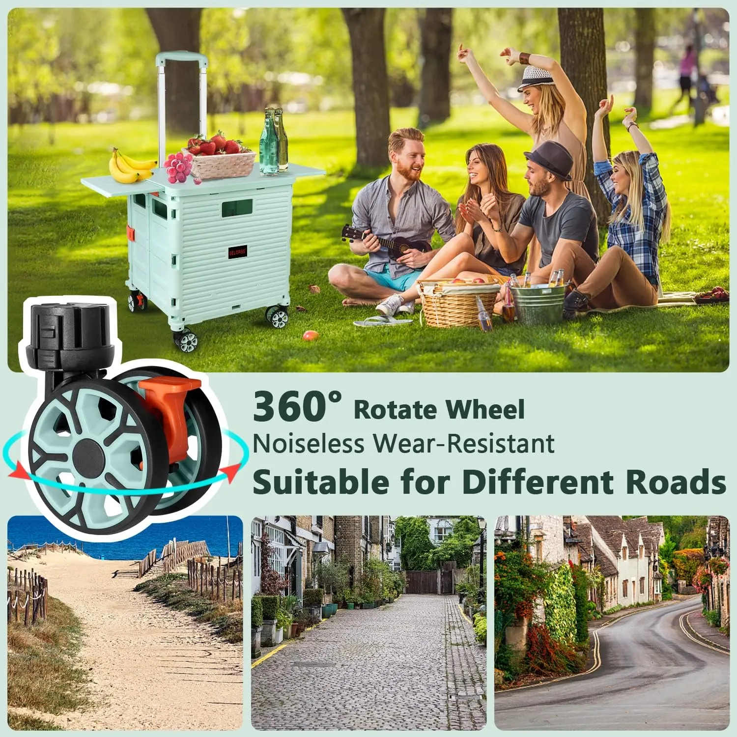 Foldable Utility Cart Collapsible Portable Crate Rolling Carts with Magnetic Lid Telescopic Handle Wear-Resistant 360°Rotate Noiseless Swivel Wheel for Shopping Moving Storage Luggage Office(Green)